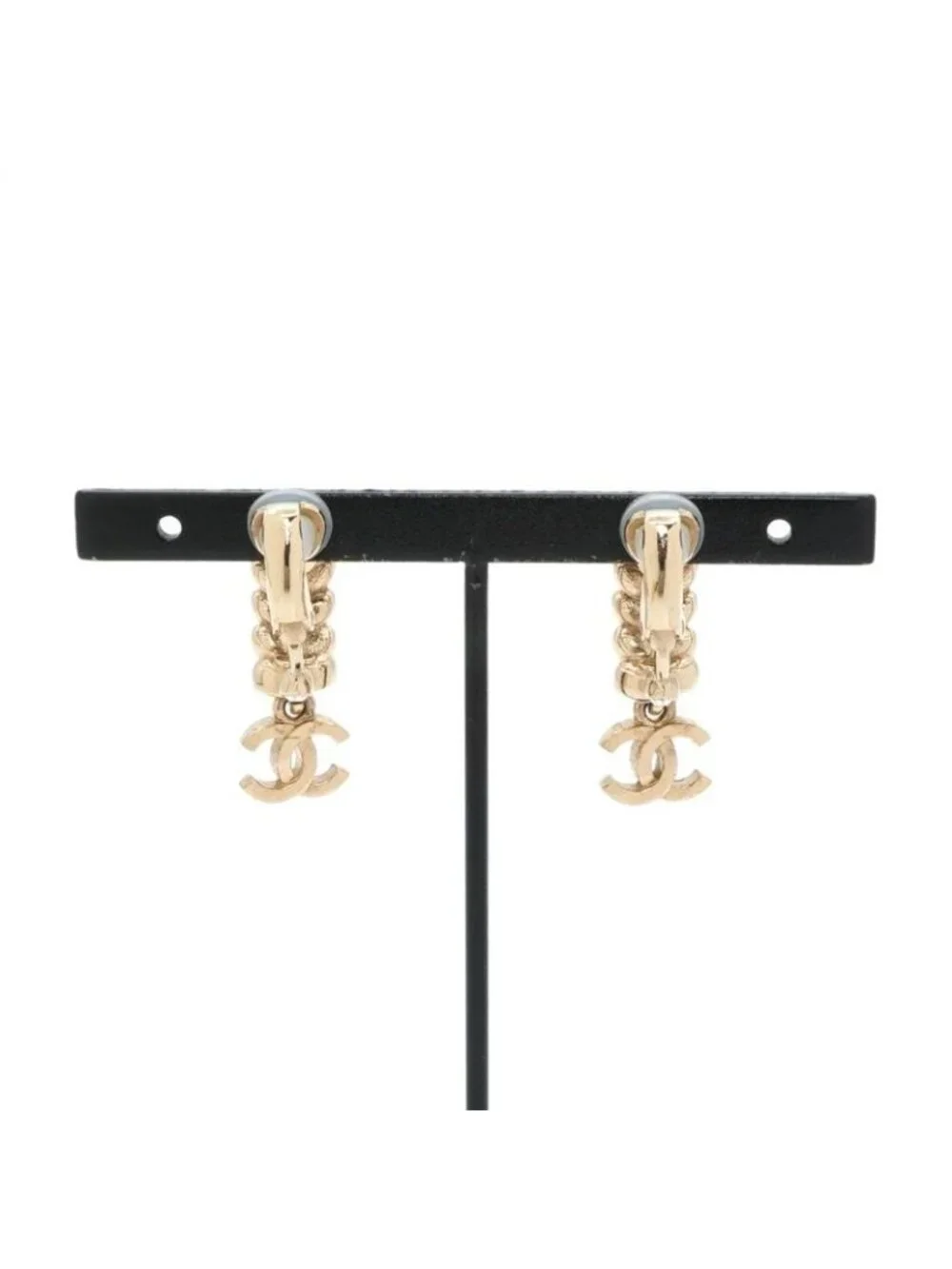 Chanel Earrings Gold CC Logo Rhinestone Leaf Motif